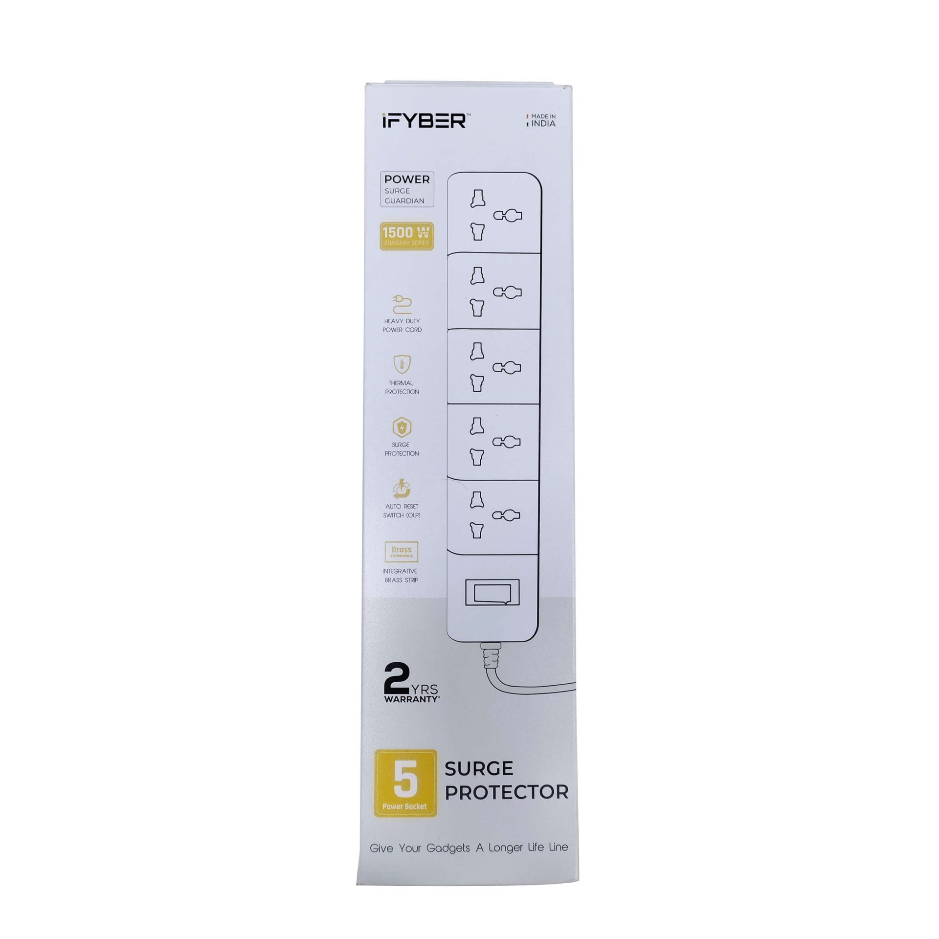 iFYBER FY-SP11 5 Universal Socket Surge Protector with Auto Reset Switch – Grey, 2 Meter Cable